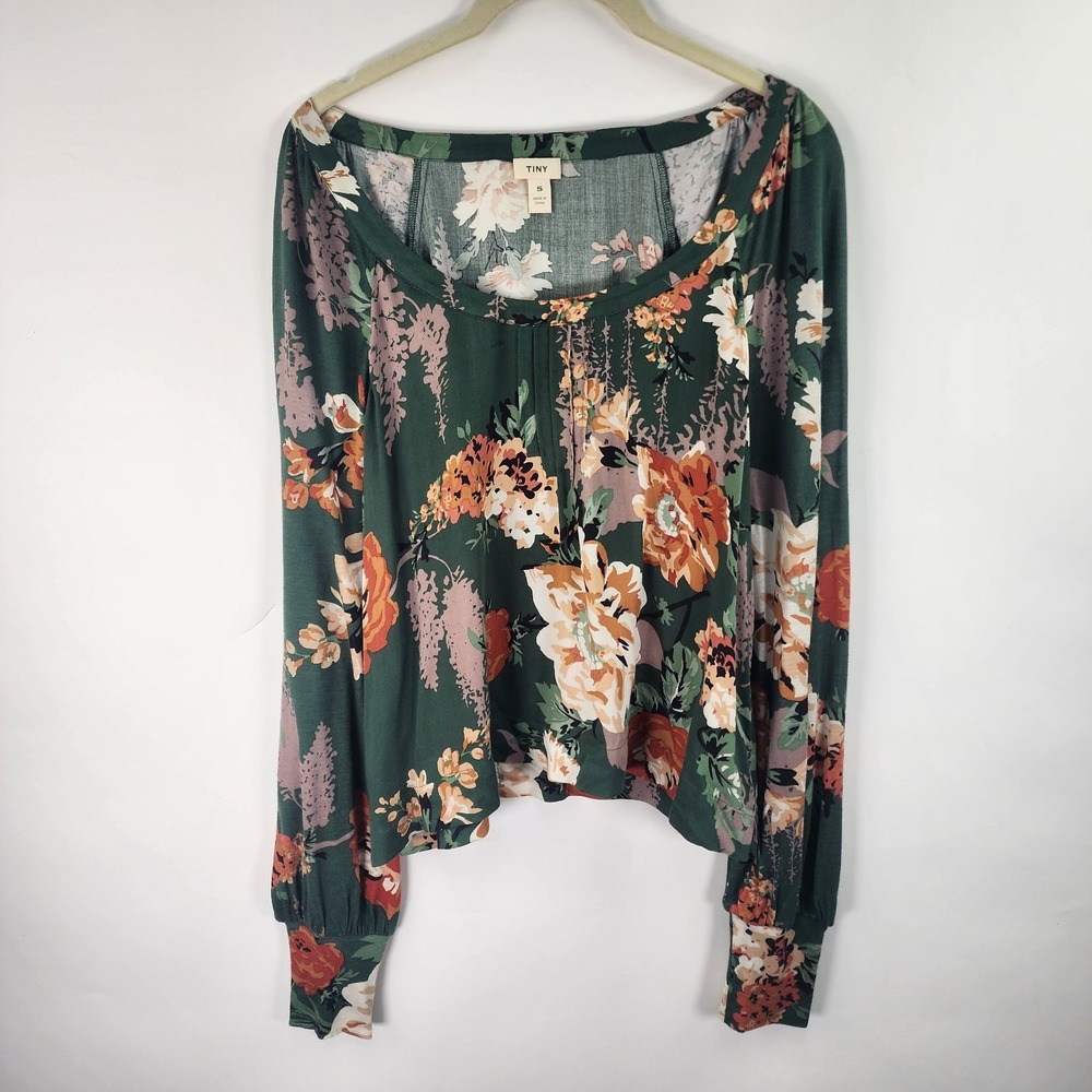 Anthropologie Tiny Women's S Scoop Neck Raglan Floral Green Crop Top Boho Chic